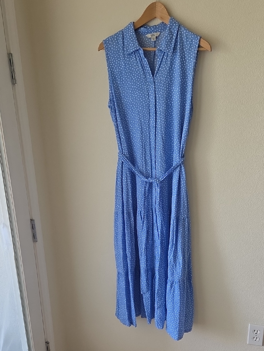 croft & barrow Light Blue Polka Dot Maxi Dress Button Front Collared Tiered Sz L